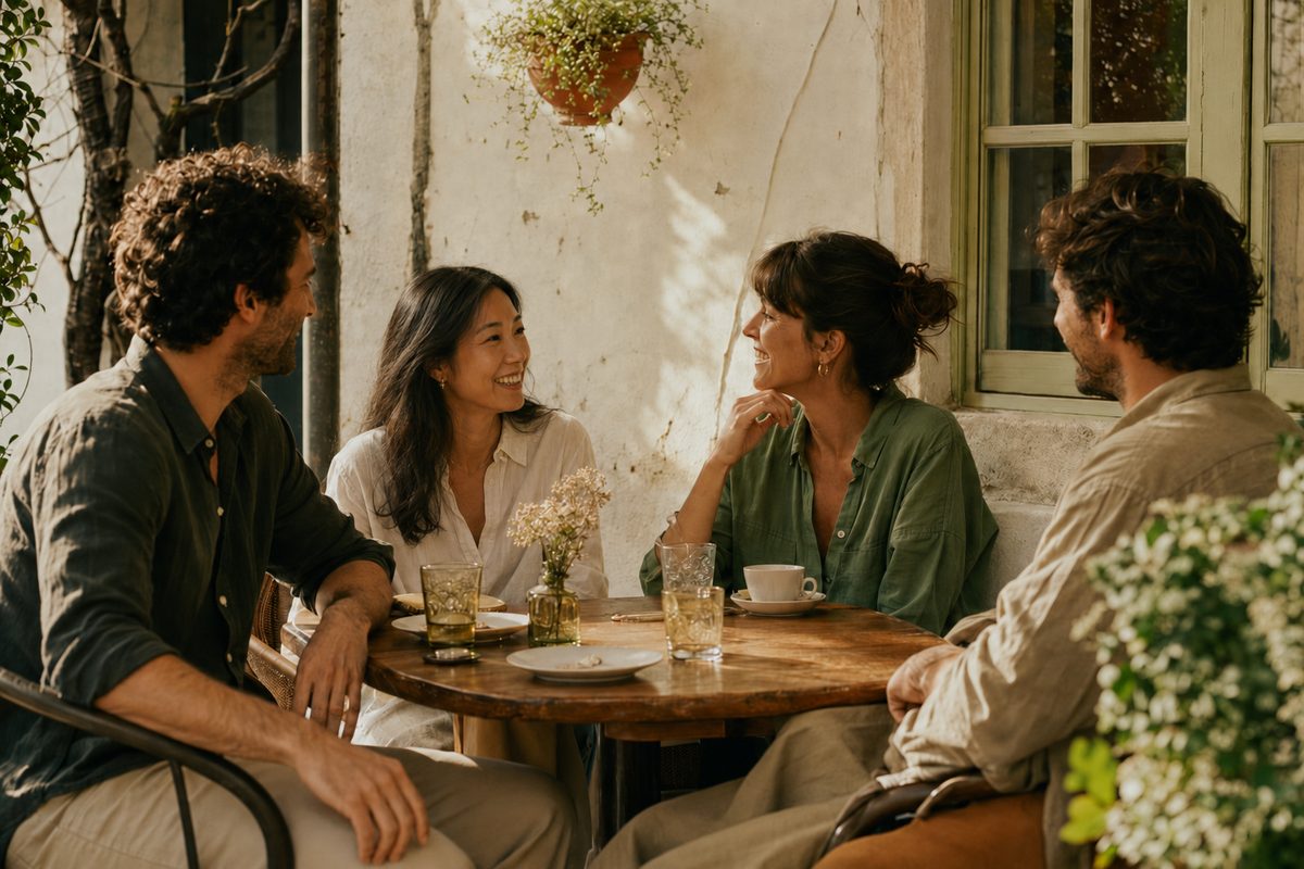 Friends relaxing together at a café in Portugal