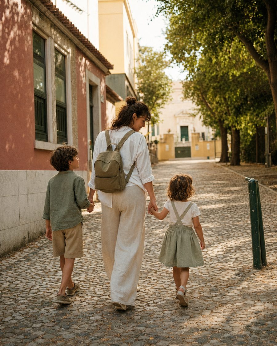 Parents walking their children to school in Portugal