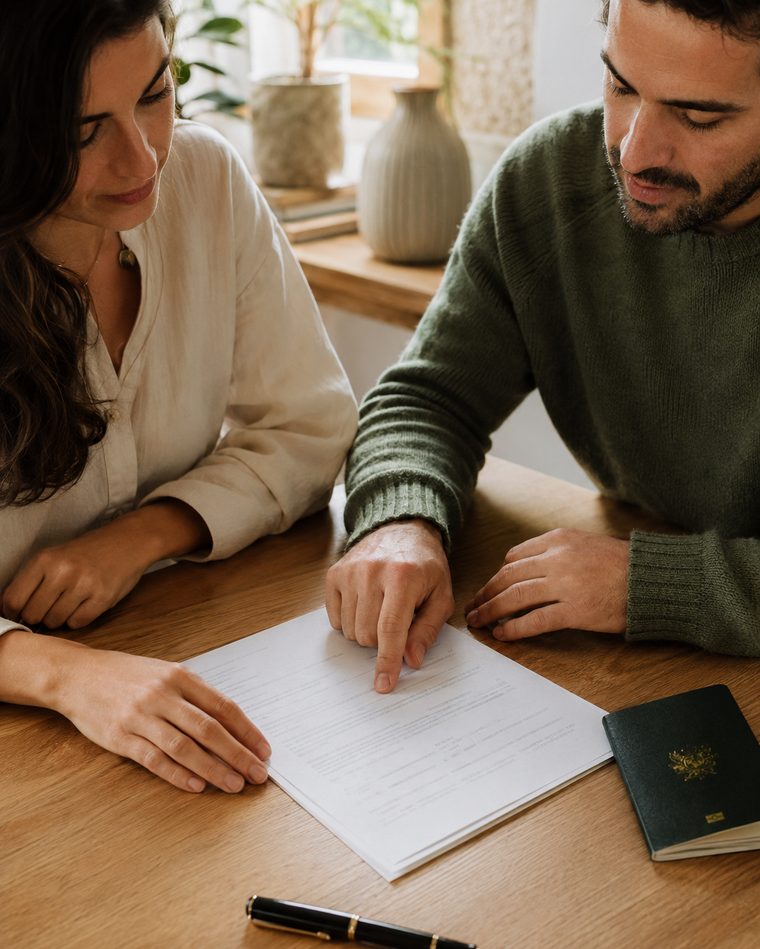 An adviser helping a client with visa paperwork in Portugal